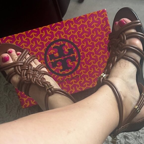 Tory Burch Brown Leather Woven Strappy Small Wedge Sandals Sz 8 - Picture 4 of 10